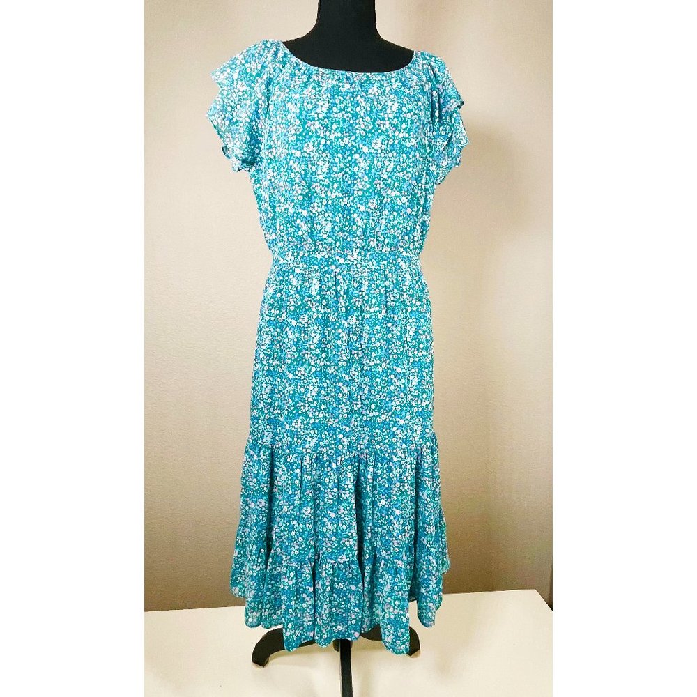 J. Crew Floral Ruffle Tiered Short Sleeve Midi Dress, blue